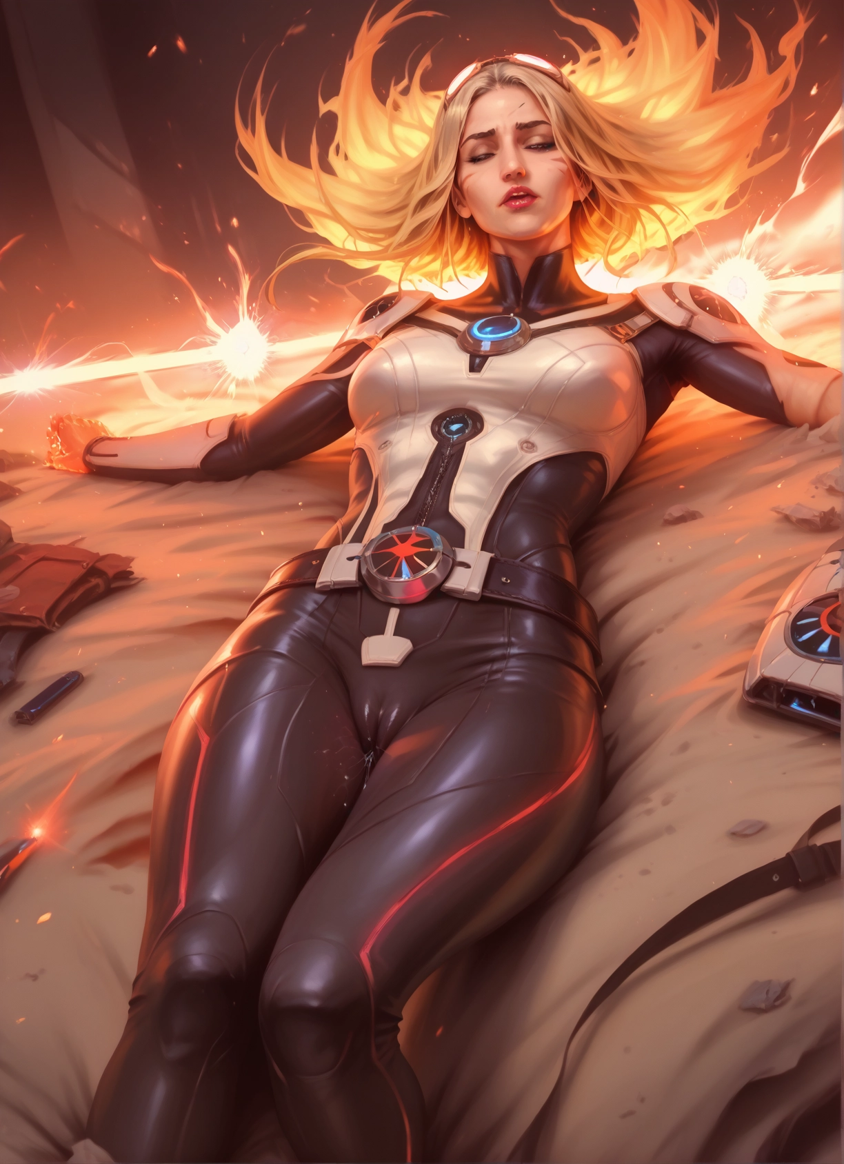1girl, blonde hair, solo, bodysuit, lying, on back · Yamete.gg