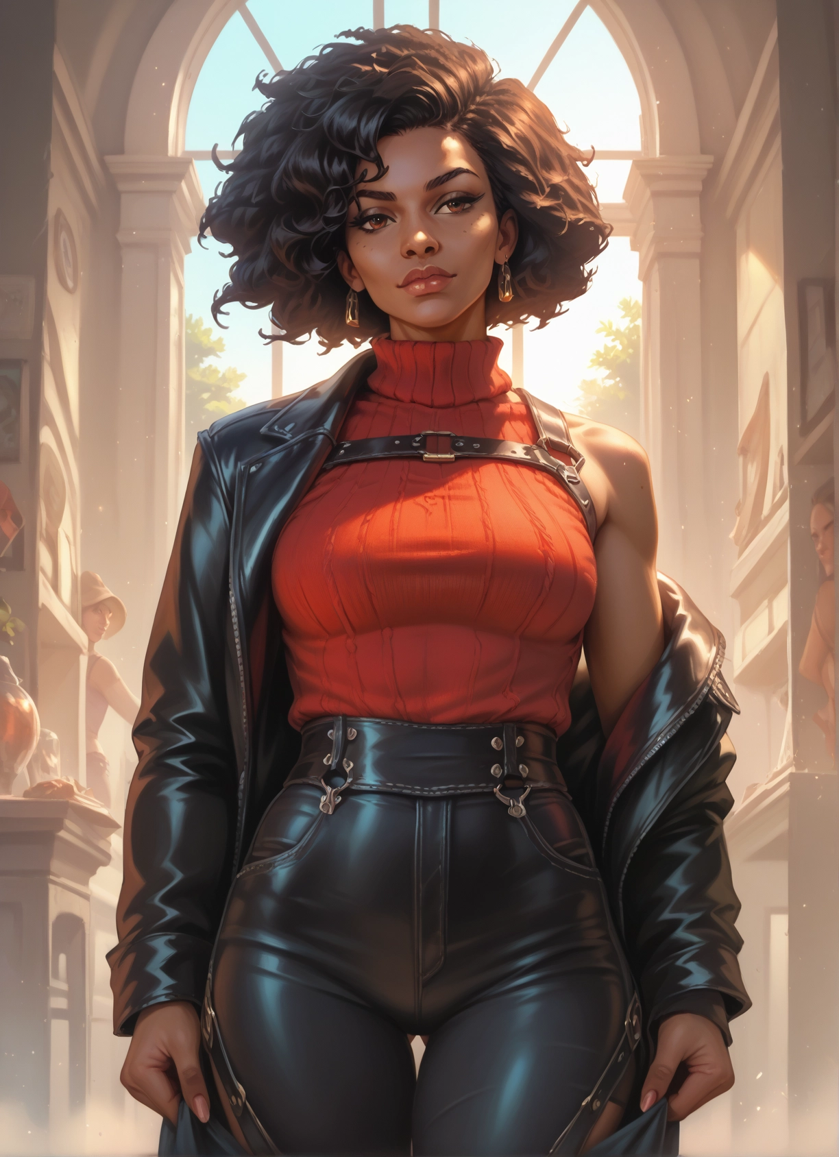 jewelry, earrings, 1girl, pants, breasts, jacket · Yamete.gg
