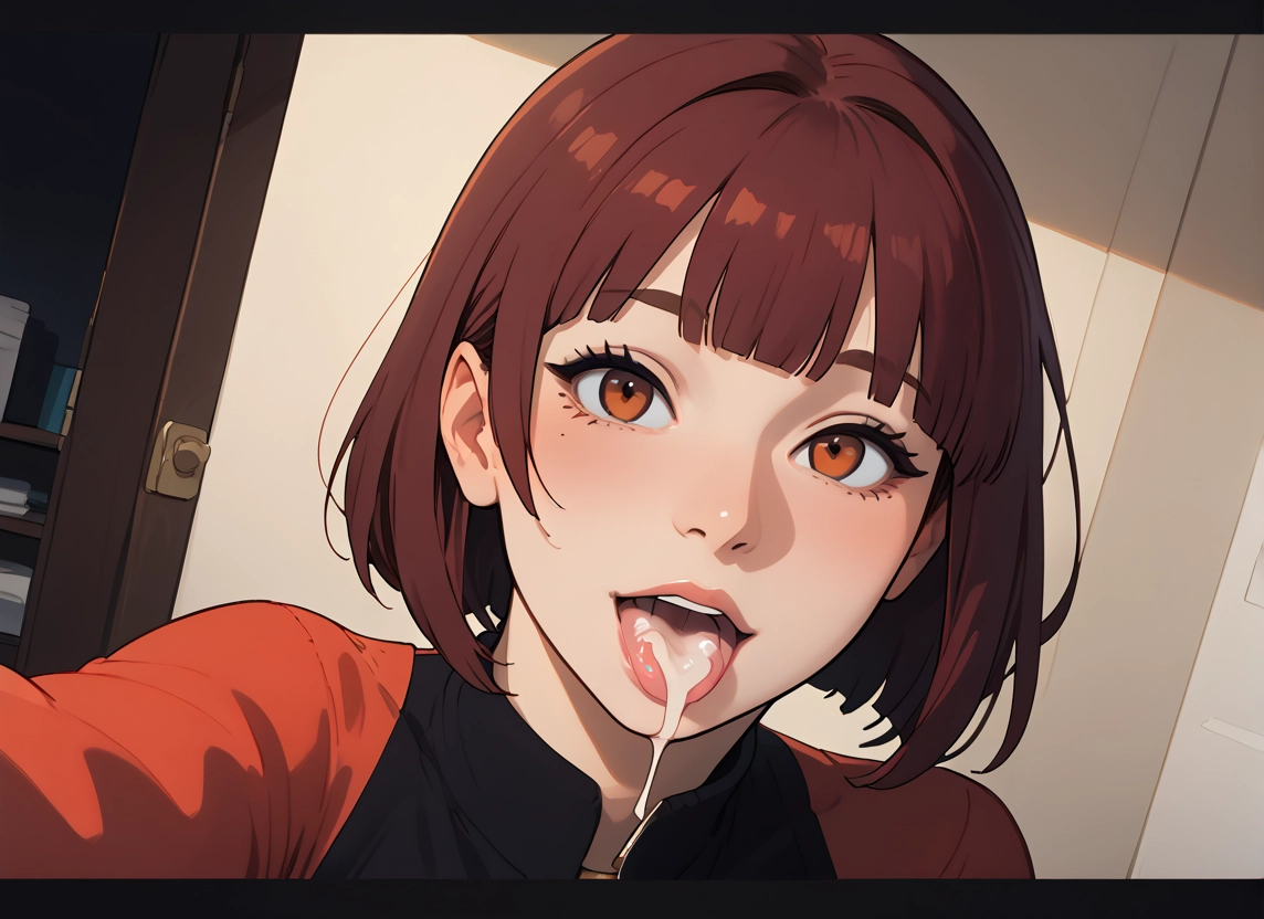 1girl, cum, cum in mouth, brown hair, solo, looking at viewer · Yamete.gg