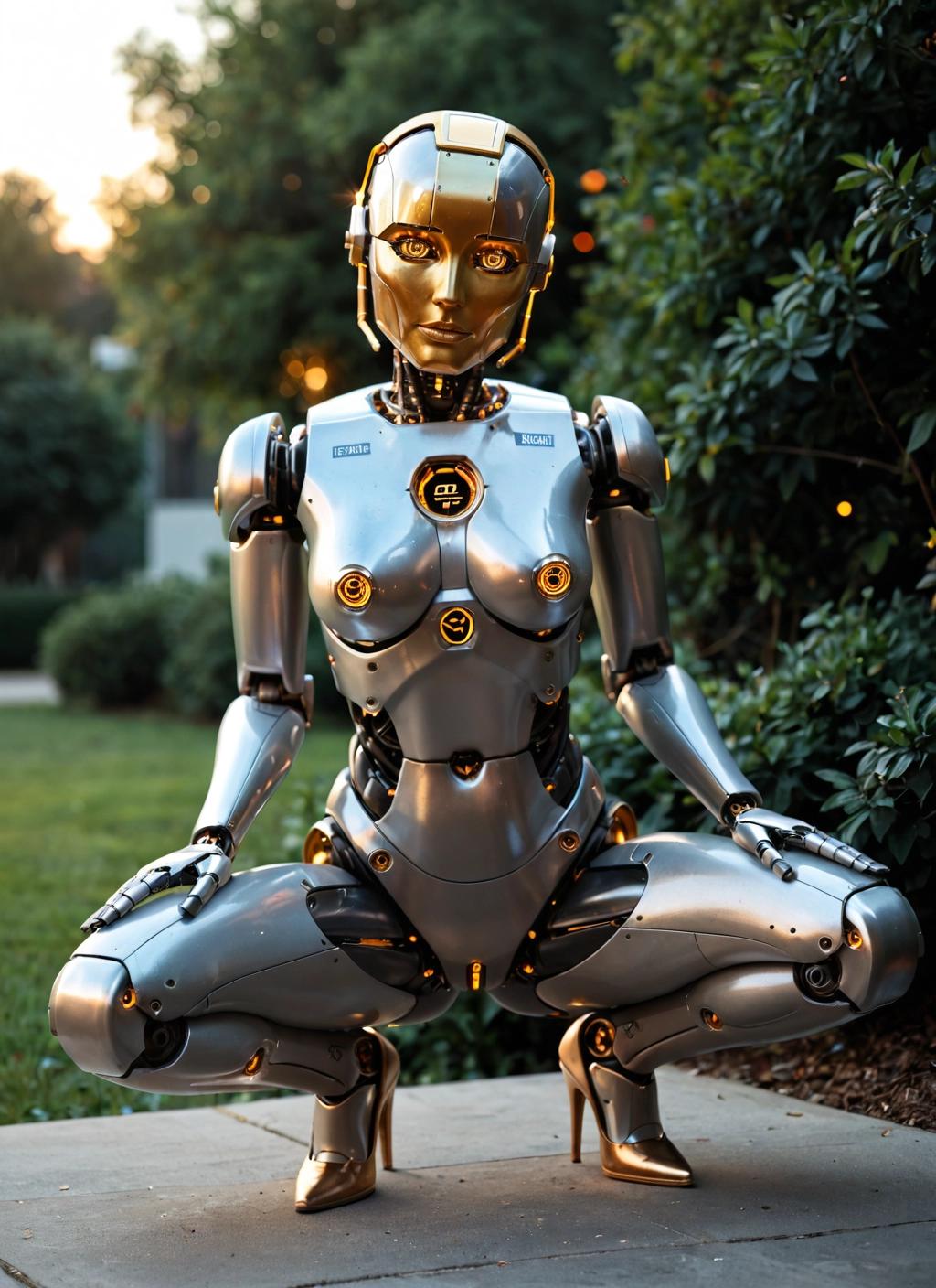 solo, squatting, 1girl, high heels, robot joints, robot · Yamete.gg