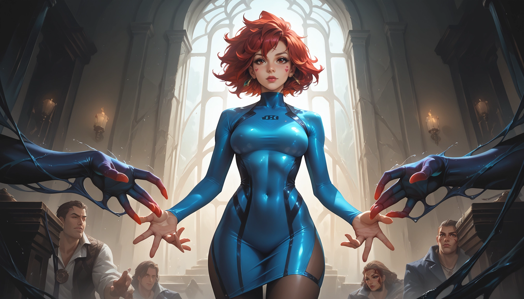 covered navel, dress, short hair, solo focus, red hair, breasts · Yamete.gg