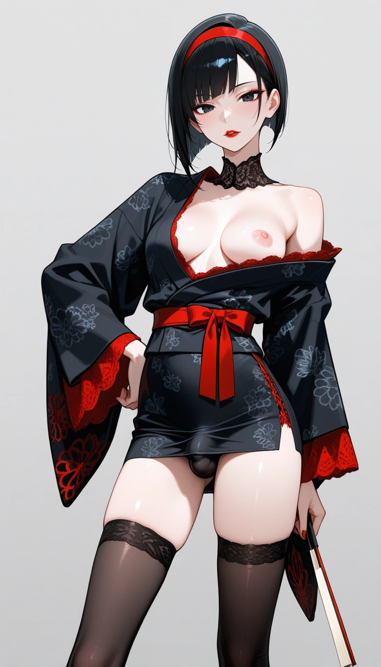 futanari, 1girl, solo, breasts, thighhighs, black hair