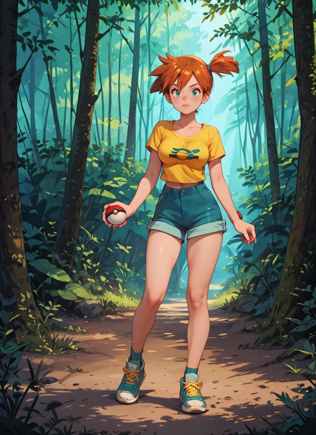 1girl, shorts, solo, orange hair, holding, side ponytail · Yamete.gg