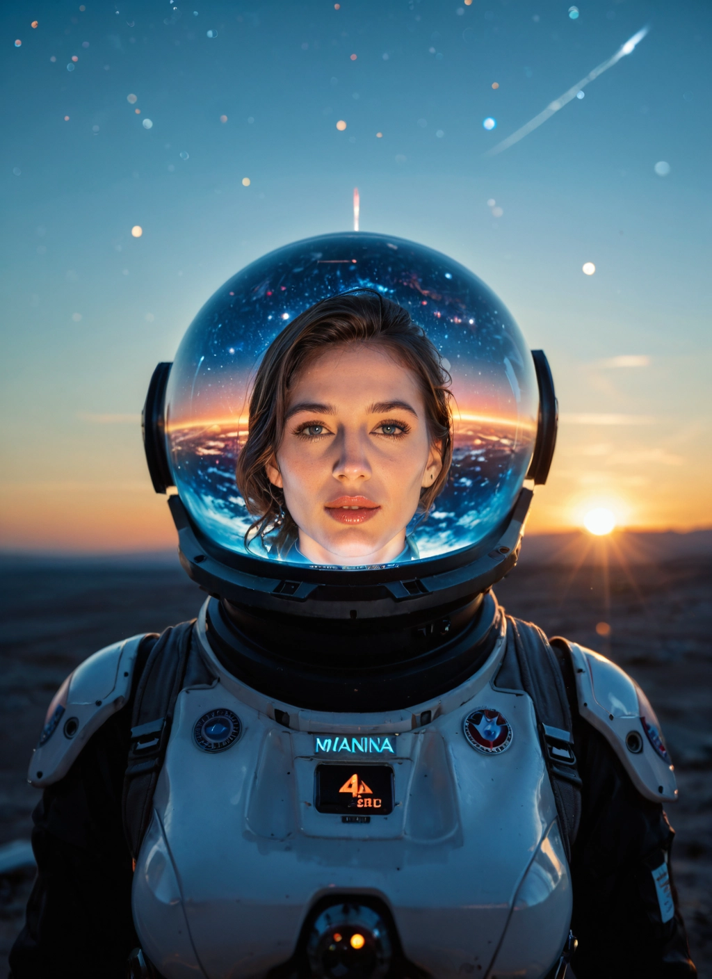 1girl, solo, spacesuit, helmet, astronaut, brown hair
