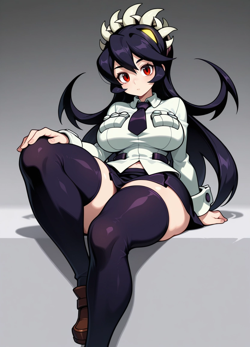 1girl, filia (skullgirls), breasts, red eyes, thighhighs, solo · Yamete.gg