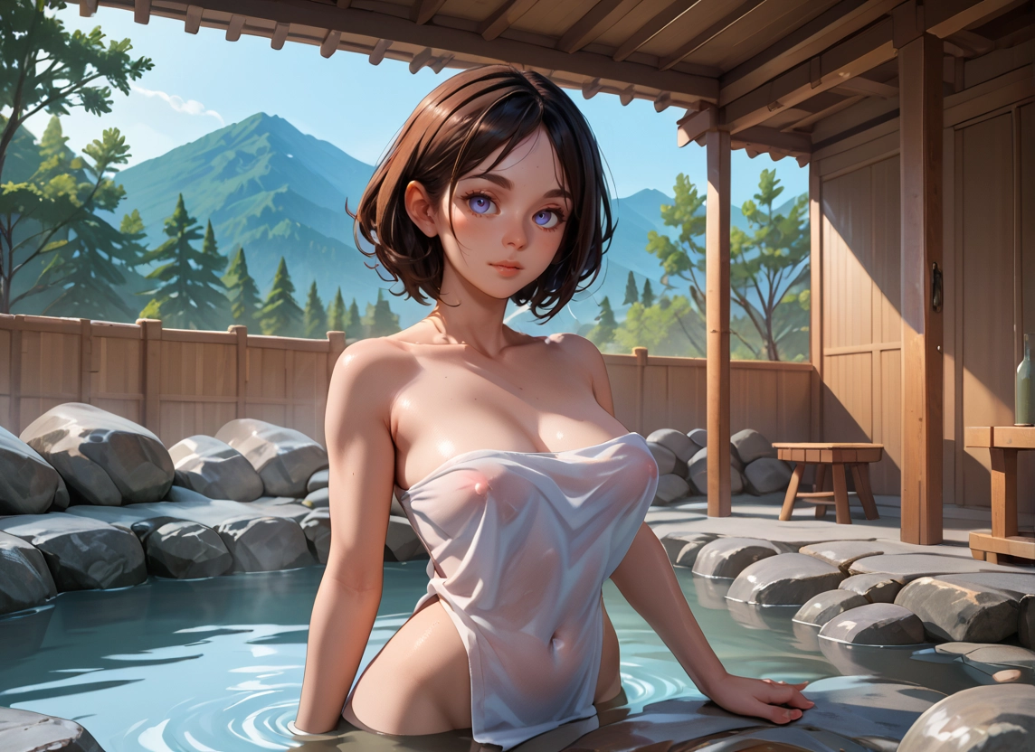 1girl, breasts, solo, towel, onsen, blue eyes · Yamete.gg