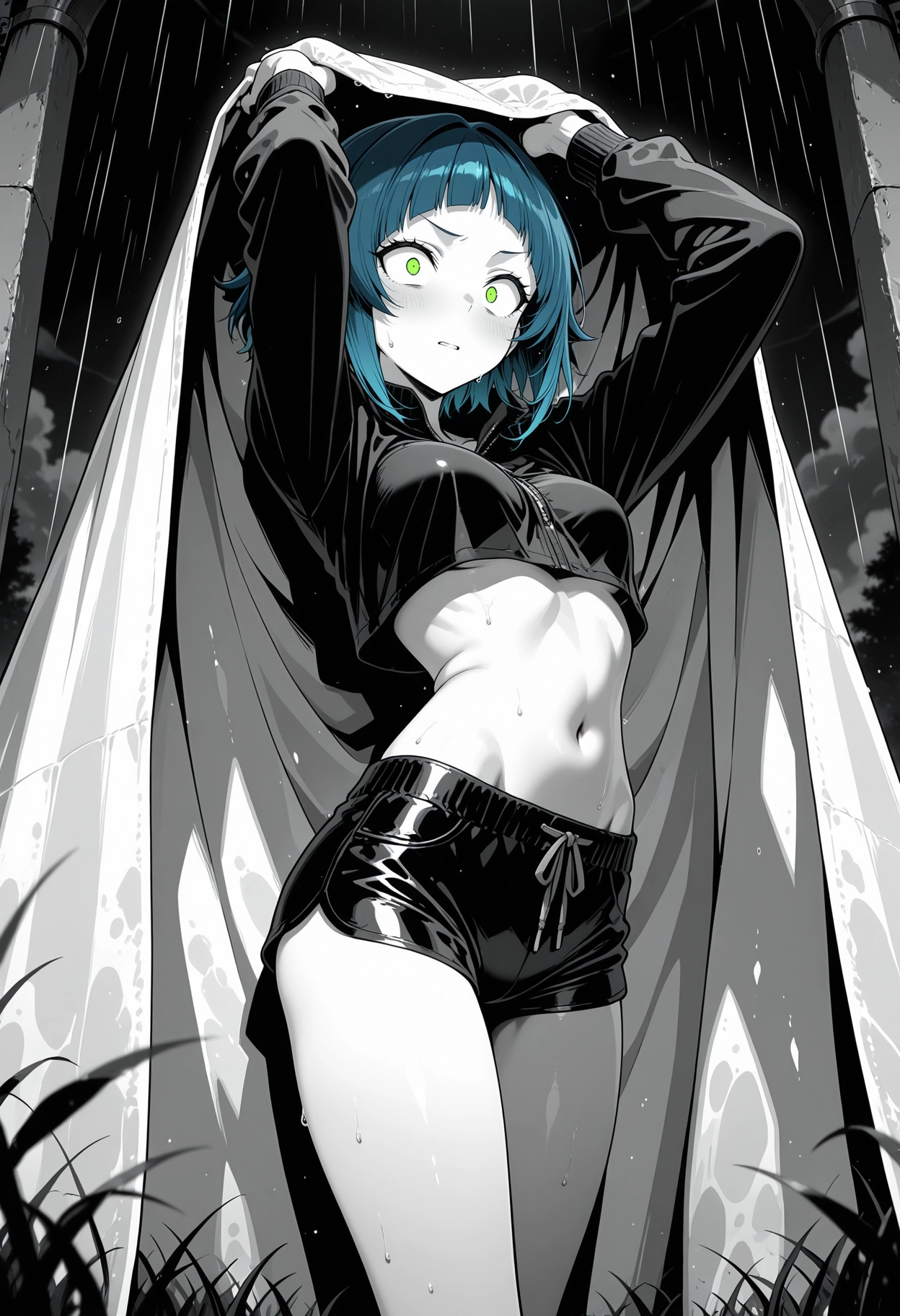 1girl, green eyes, shorts, navel, solo, blue hair · Yamete.gg