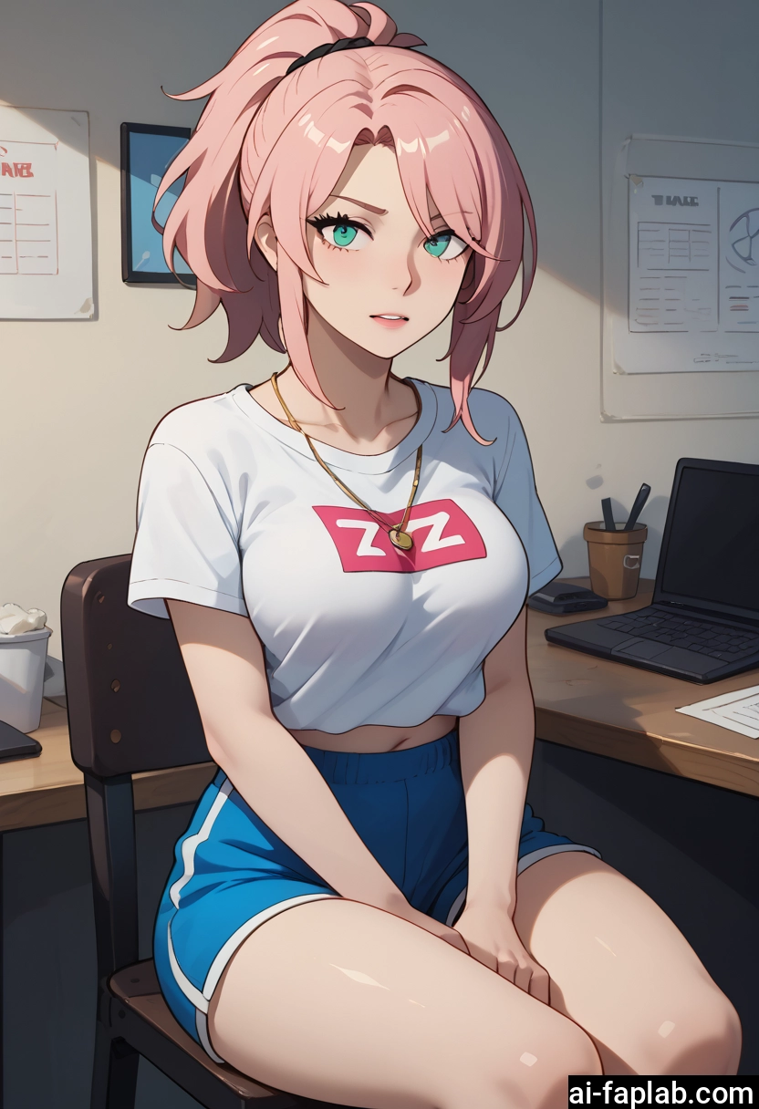 1girl, shorts, breasts, pink hair, solo, sitting · Yamete.gg