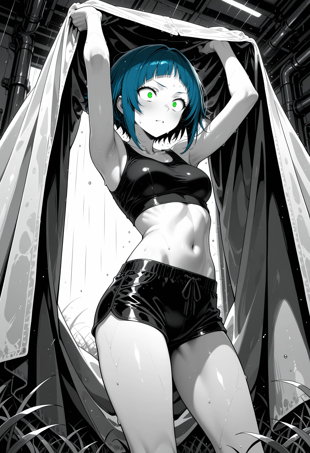 1girl, green eyes, solo, short hair, blue hair, navel · Yamete.gg