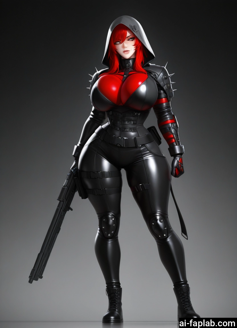 1girl, weapon, breasts, gun, red hair, hood