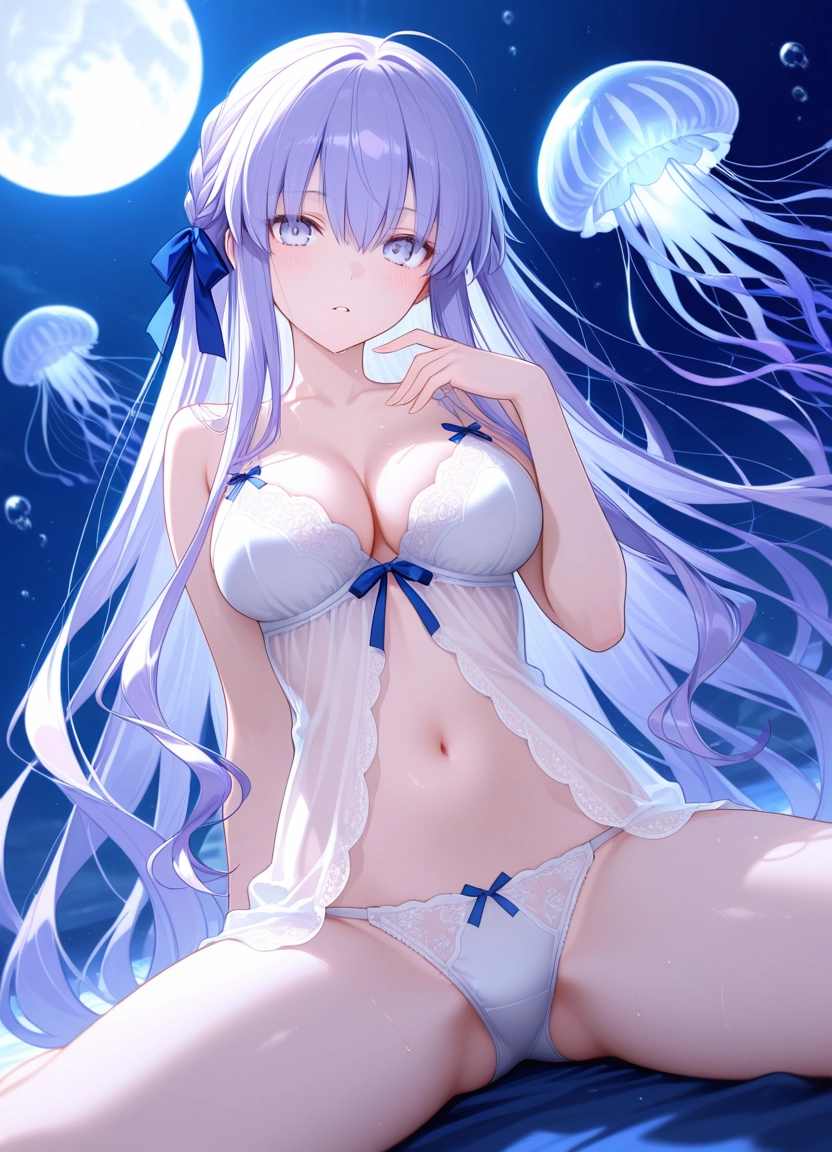 1girl, jellyfish, long hair, underwear, solo, breasts