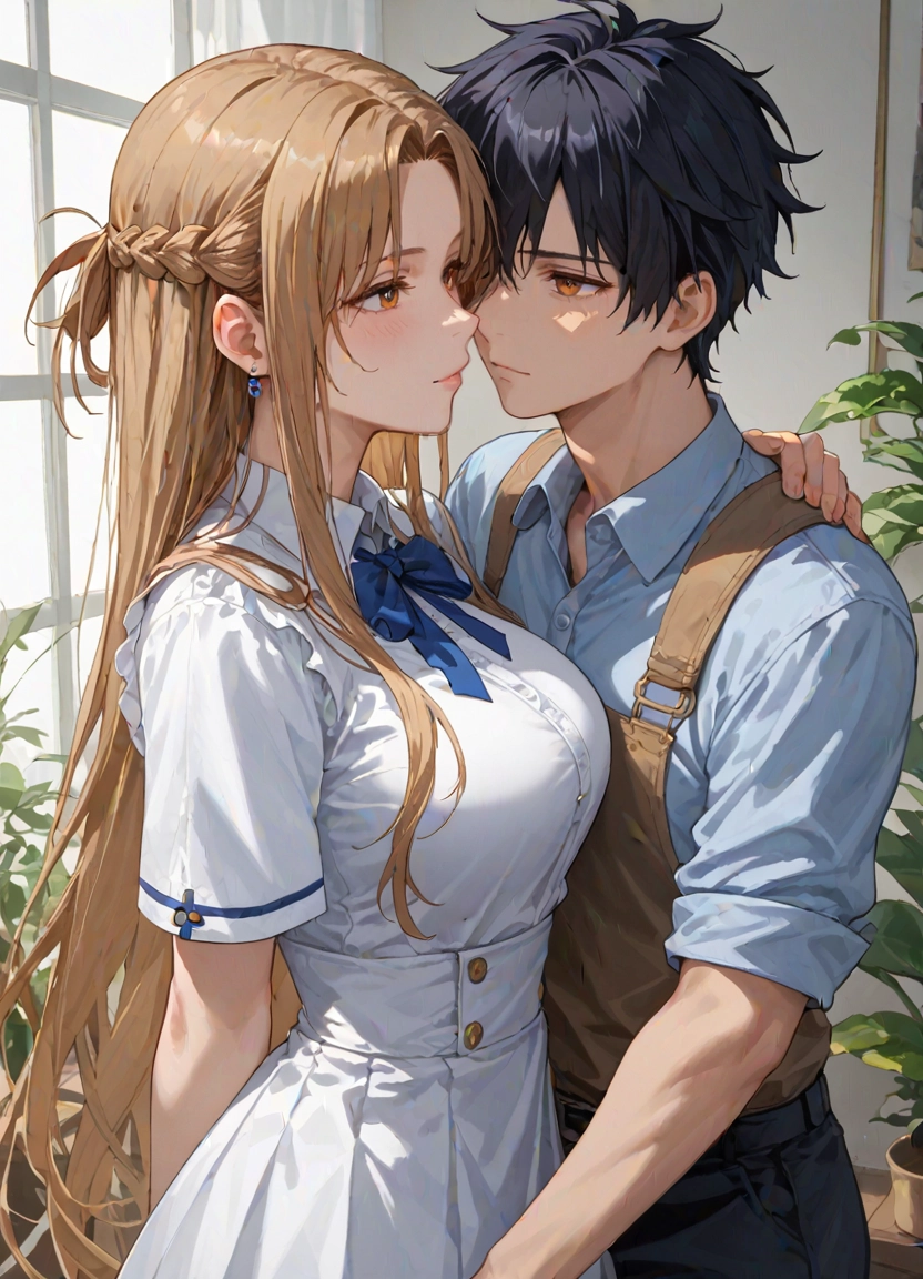 1girl, asuna (sao), 1boy, long hair, black hair, shirt
