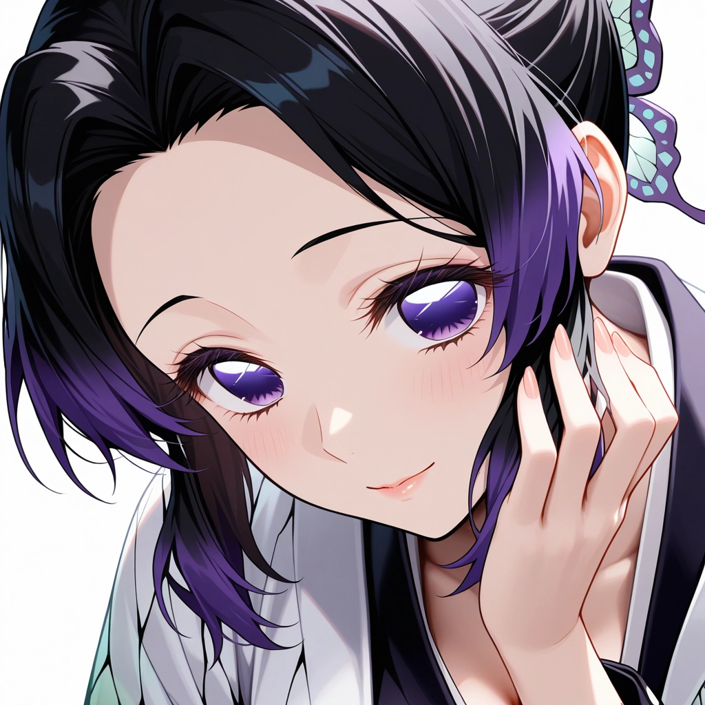 1girl, solo, hair ornament, purple eyes, smile, butterfly hair ornament · Yamete.gg