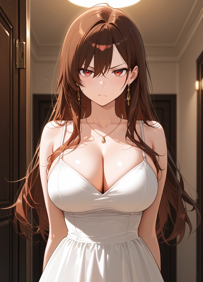 1girl, breasts, jewelry, solo, cleavage, brown hair · Yamete.gg