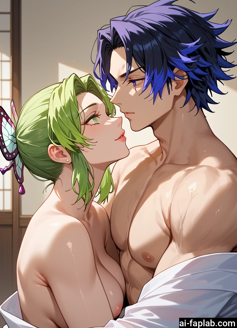 1girl, 1boy, hair ornament, breasts, butterfly hair ornament, green hair