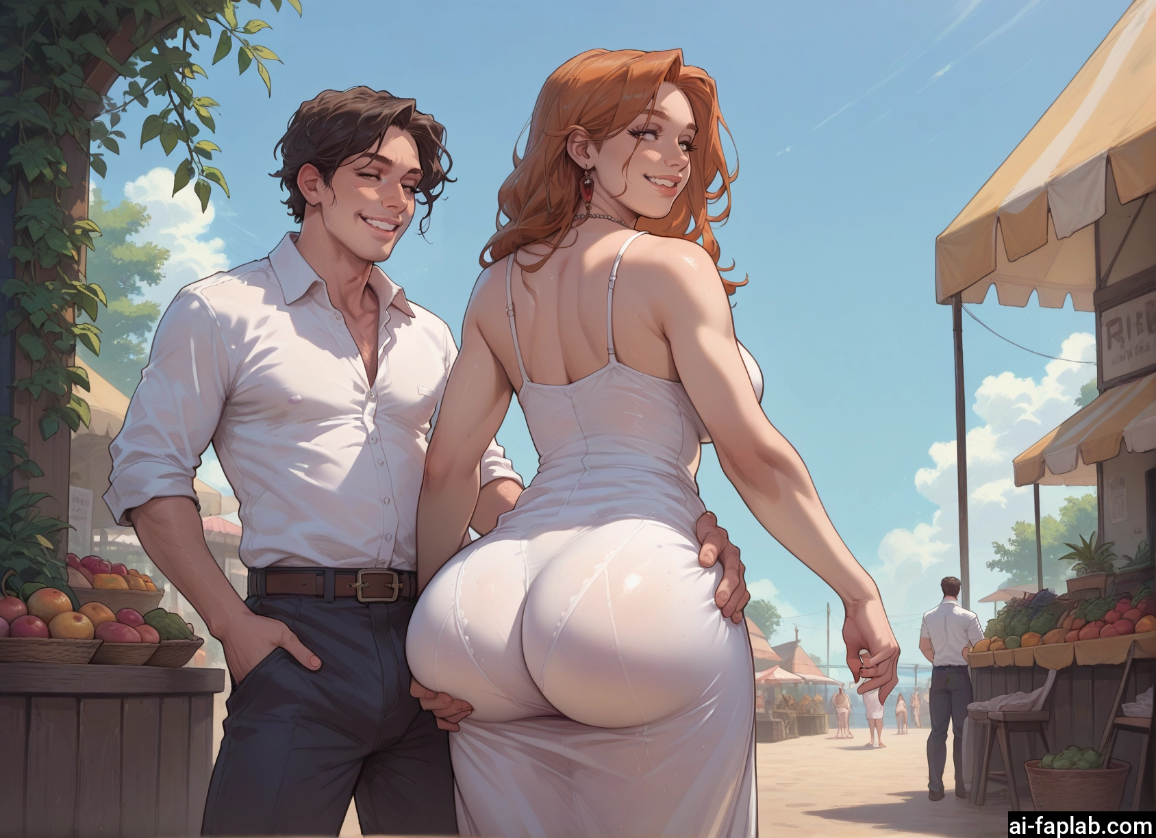 ass, dress, jewelry, earrings, white dress, food · Yamete.gg