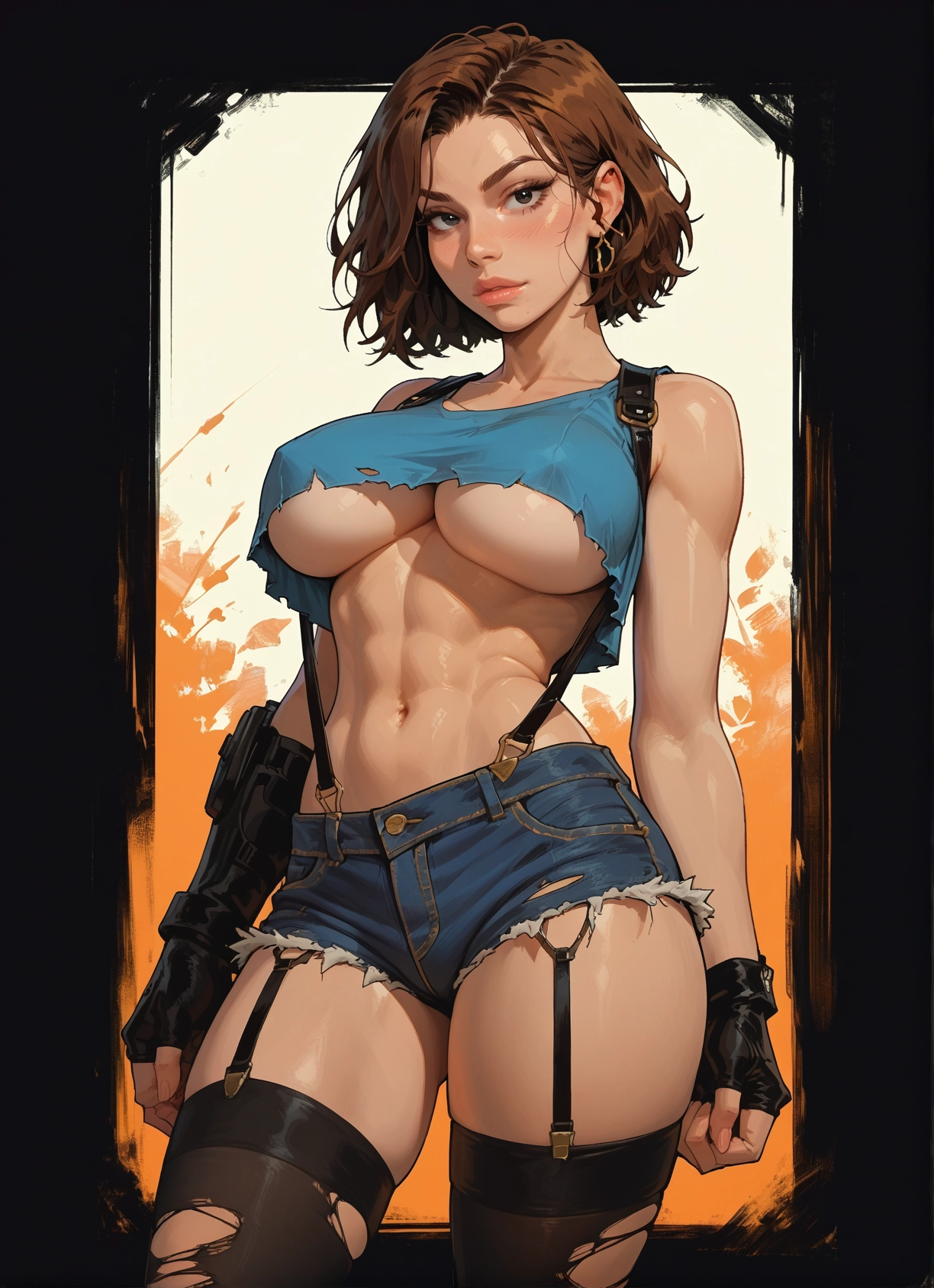 1girl, breasts, thighhighs, gloves, shorts, brown hair · Yamete.gg