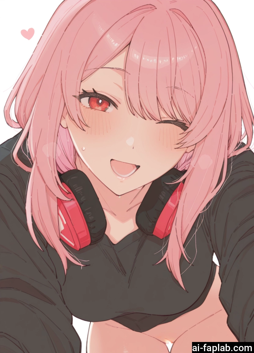 1girl, pink hair, one eye closed, headphones, open mouth, headphones around neck