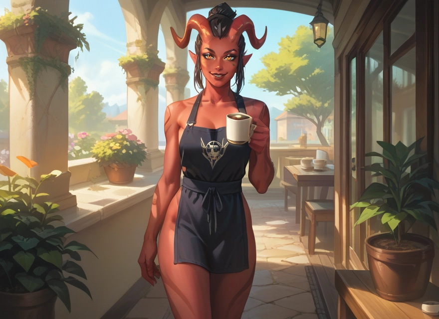 1girl, horns, apron, cup, naked apron, solo · Yamete.gg