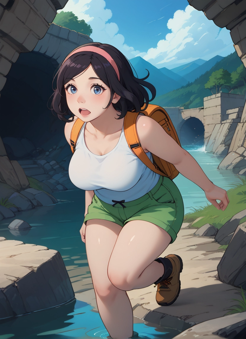 1girl, breasts, backpack, shorts, solo, large breasts