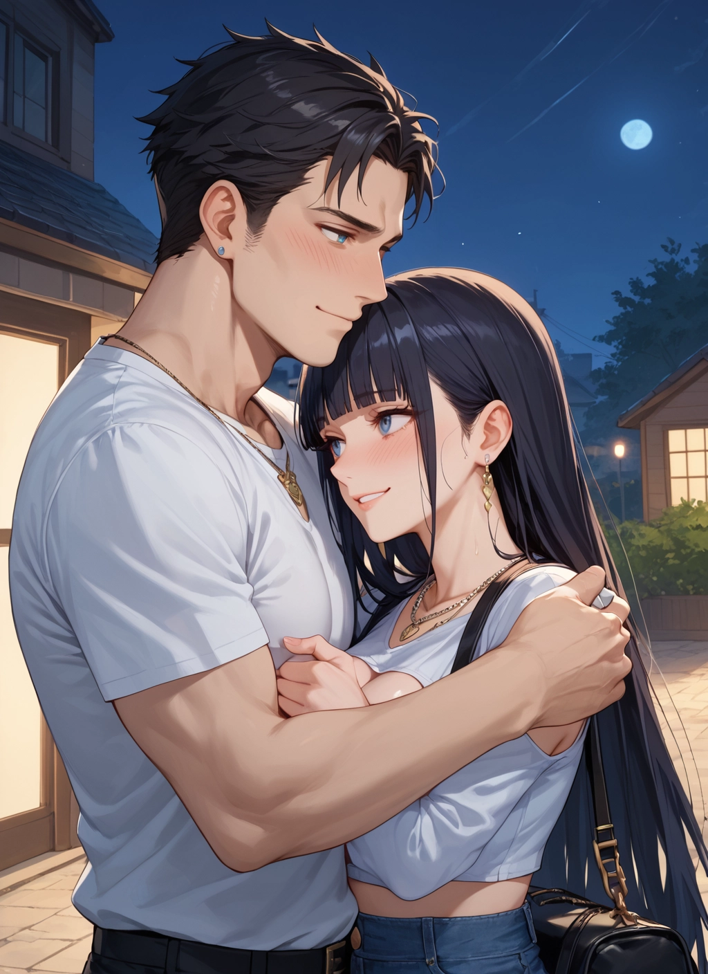 1girl, 1boy, jewelry, black hair, earrings, long hair · Yamete.gg