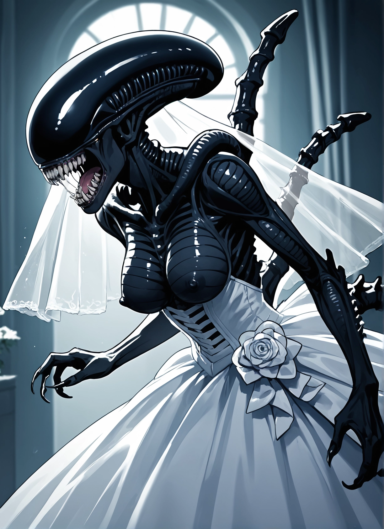 dress, 1girl, wedding dress, veil, breasts, teeth · Yamete.gg