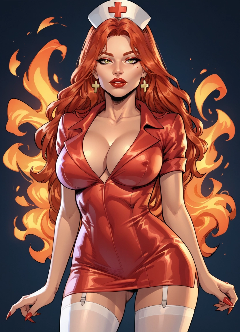 1girl, breasts, nurse, solo, nurse cap, red nails
