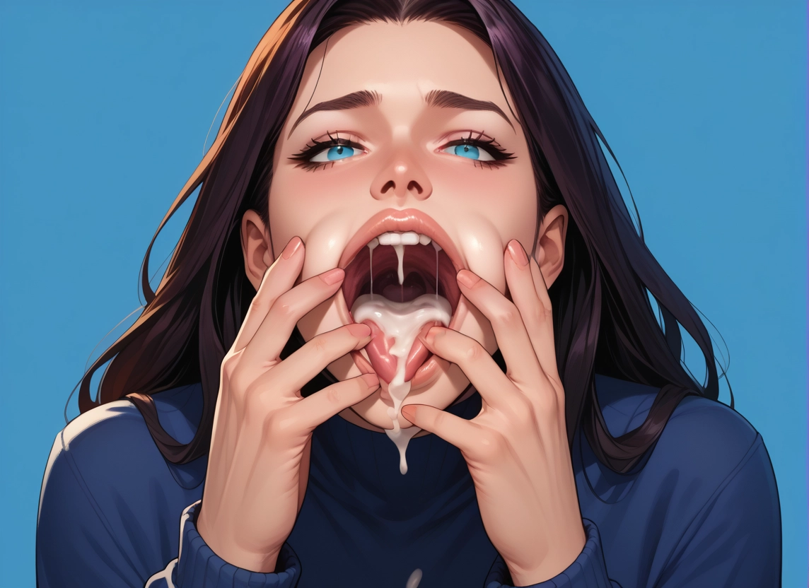 1girl, solo, cum, blue eyes, cum in mouth, open mouth · Yamete.gg