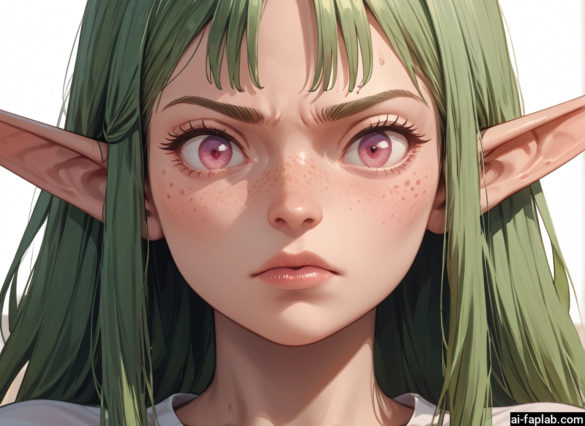 1girl, solo, pointy ears, freckles, green hair, looking at viewer · Yamete.gg