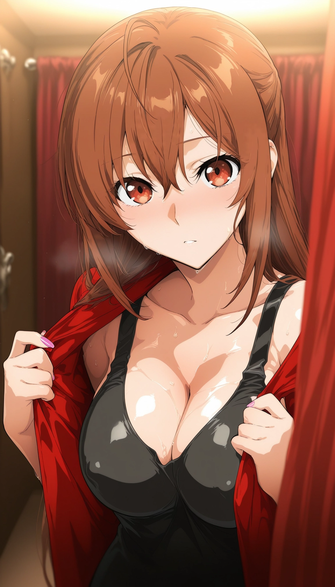 1girl, breasts, solo, brown hair, cleavage, looking at viewer · Yamete.gg
