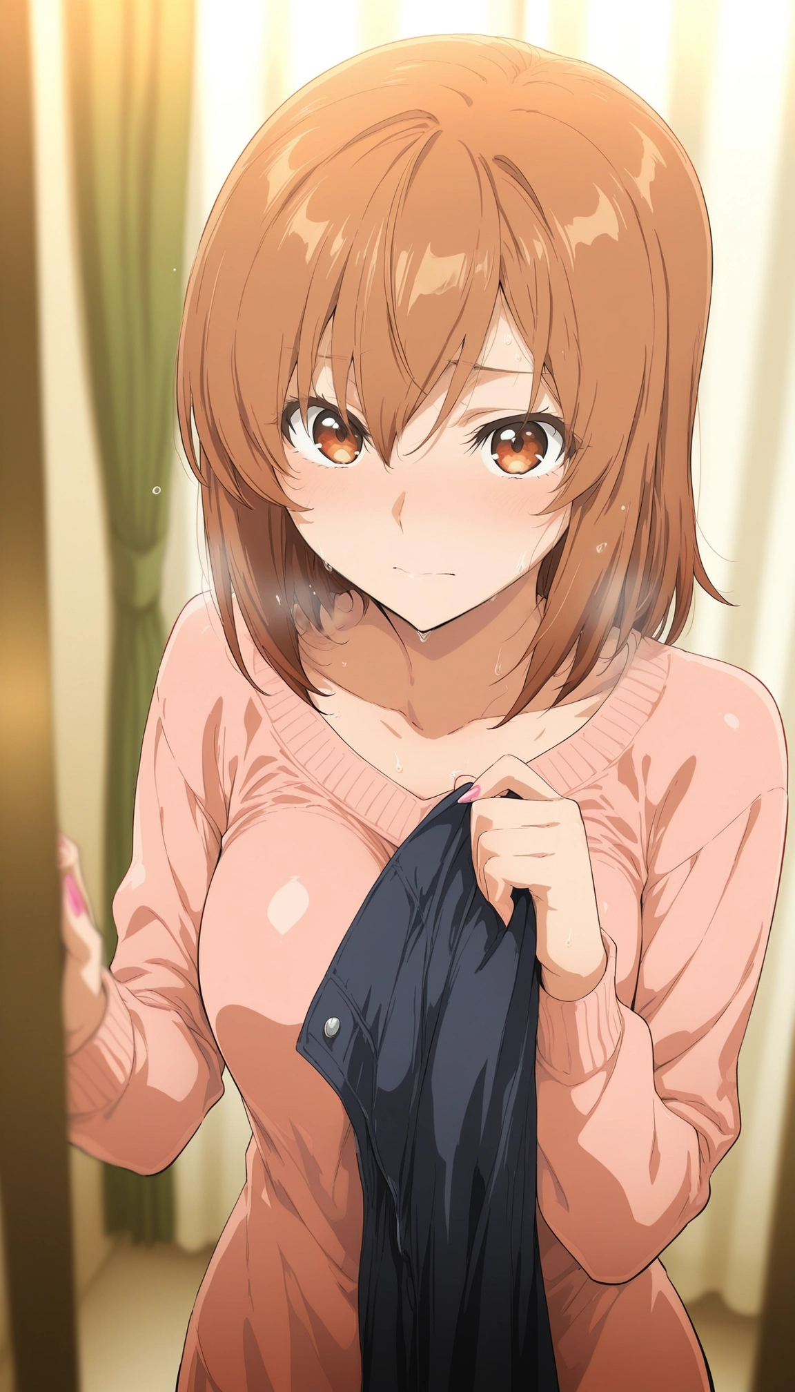 1girl, solo, blush, brown hair, looking at viewer, pink nails · Yamete.gg