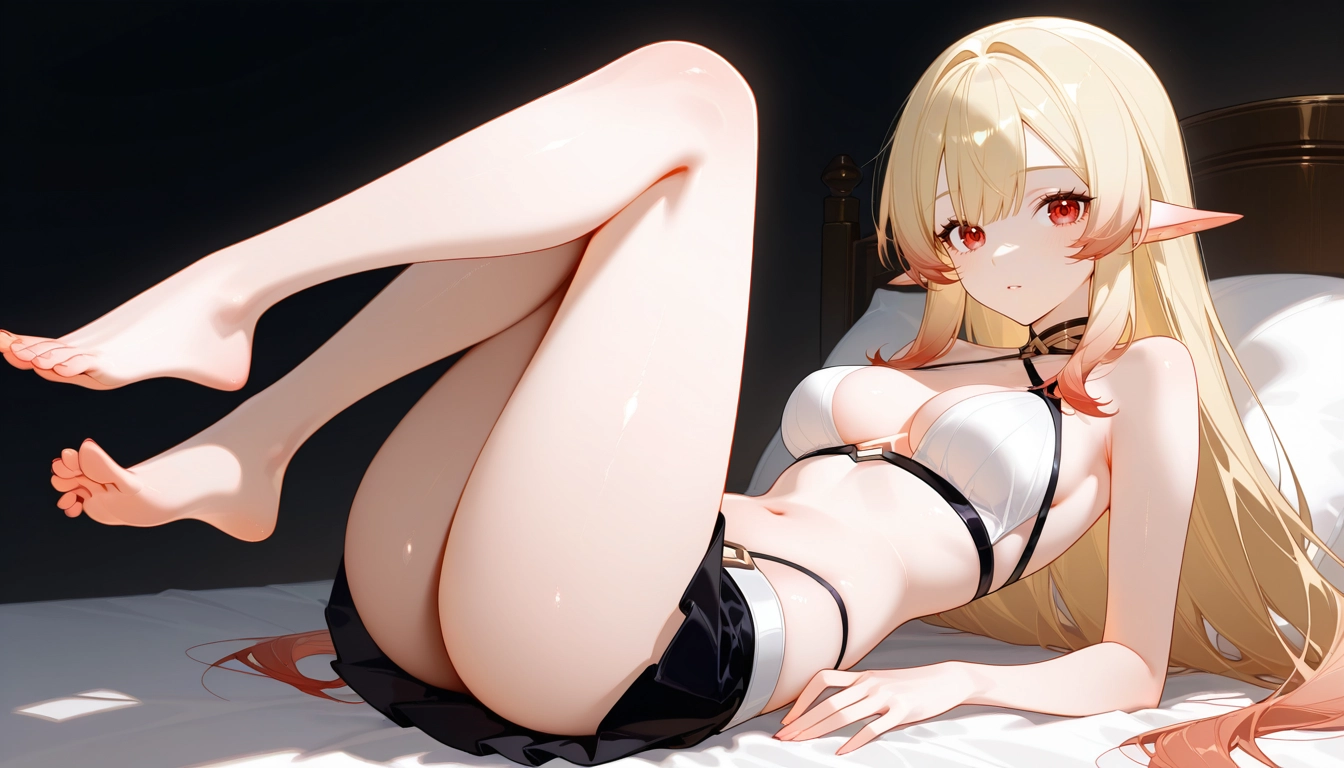 1girl, barefoot, pointy ears, solo, breasts, blonde hair · Yamete.gg