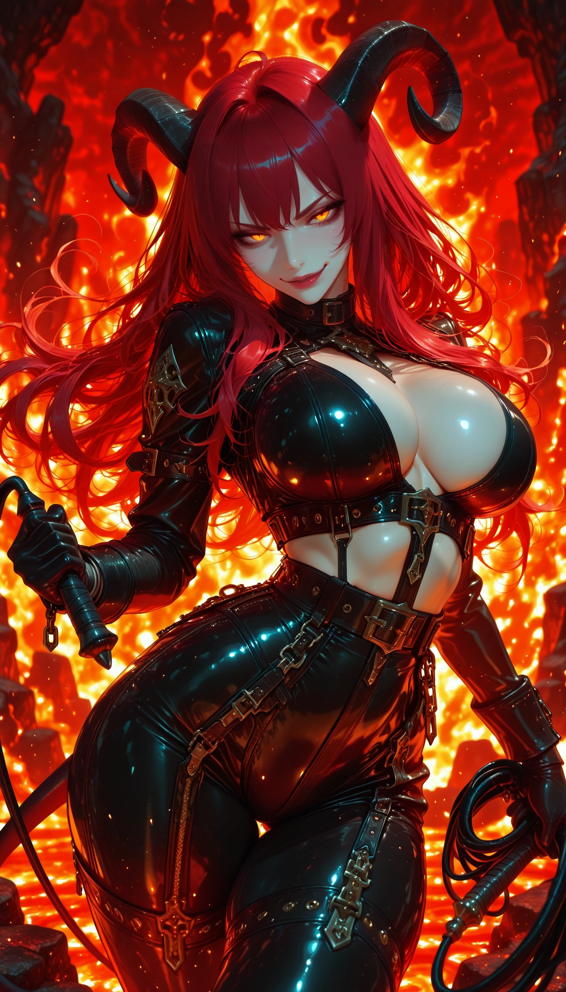 1girl, breasts, horns, solo, red hair, large breasts · Yamete.gg