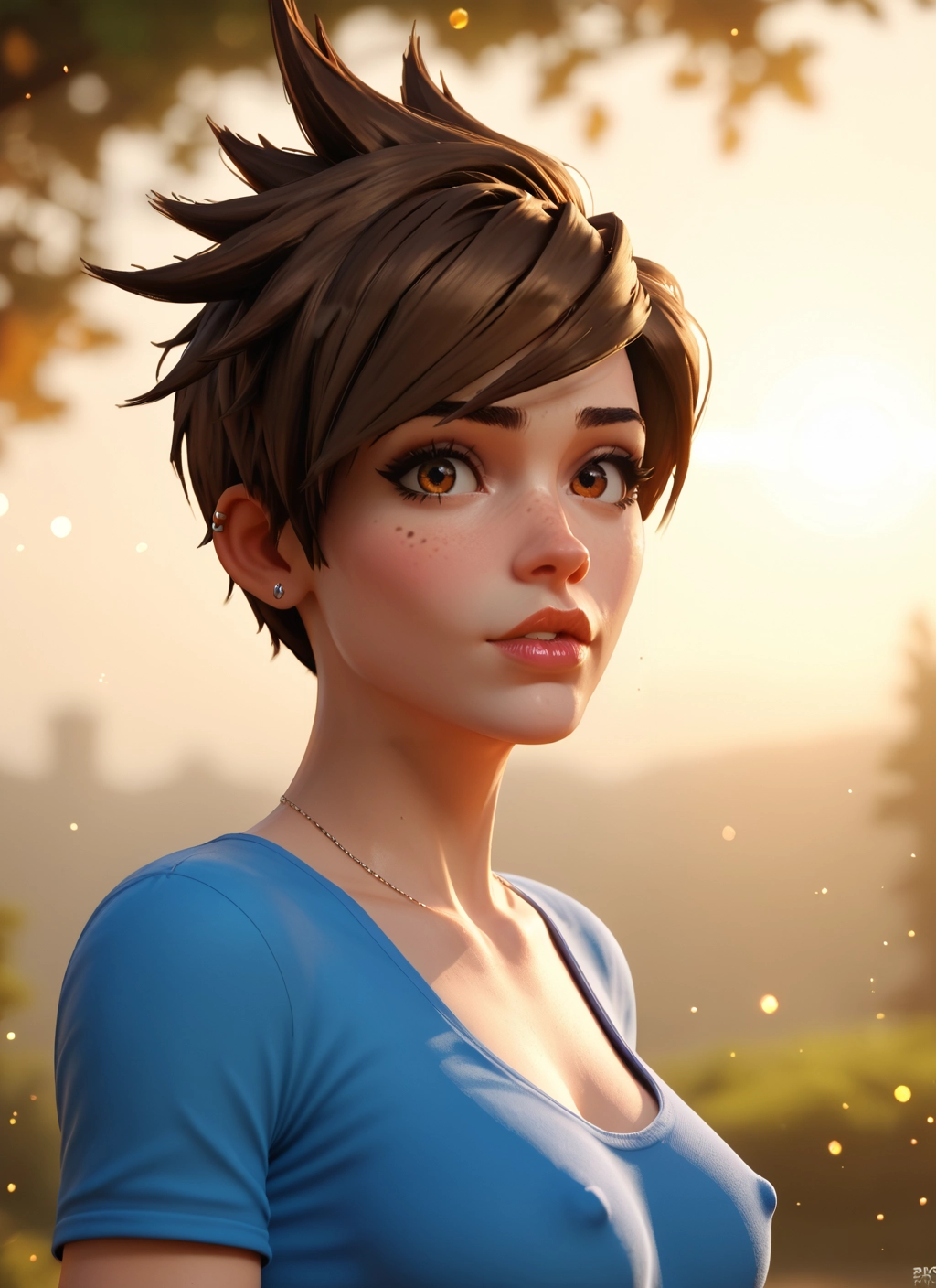 1girl, solo, breasts, brown hair, freckles, jewelry · Yamete.gg
