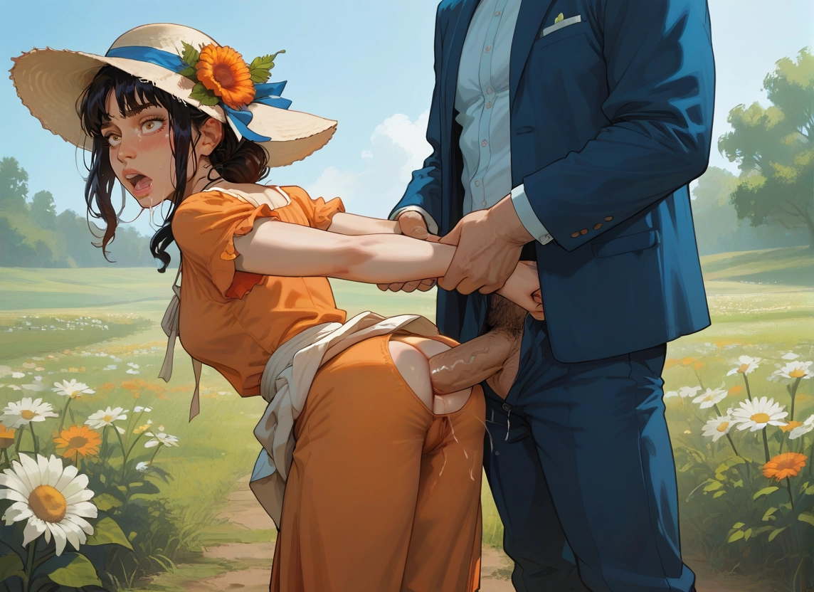 1girl, outdoors, 1boy, flower, penis, hat · Yamete.gg