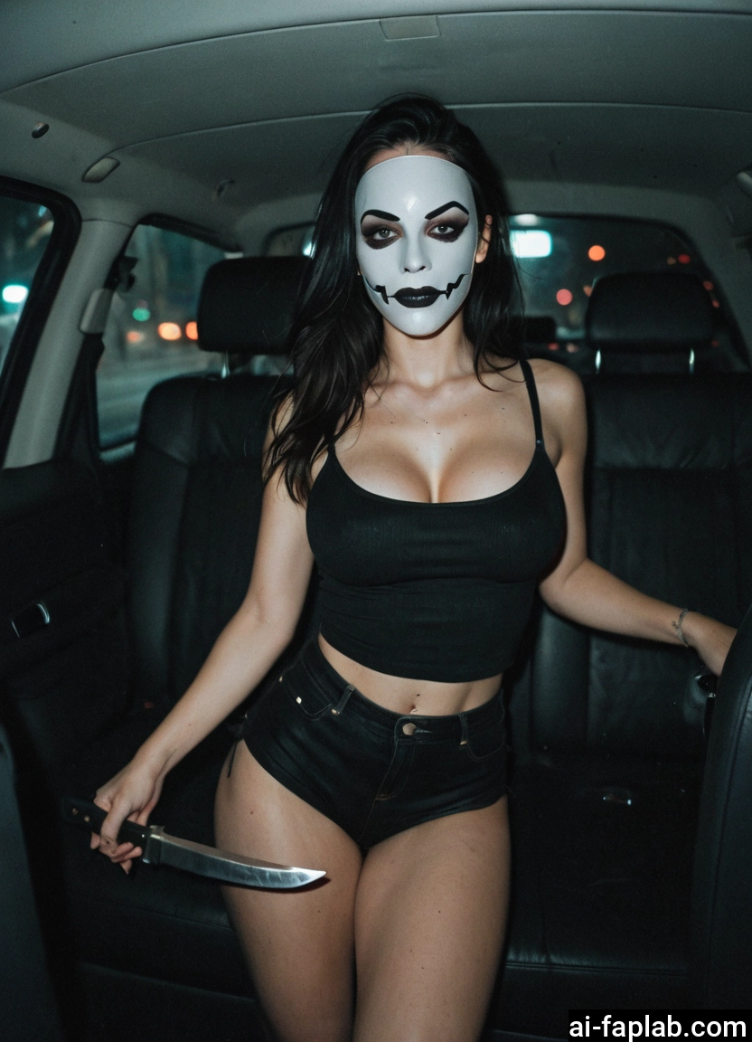 1girl, breasts, mask, shorts, knife, solo