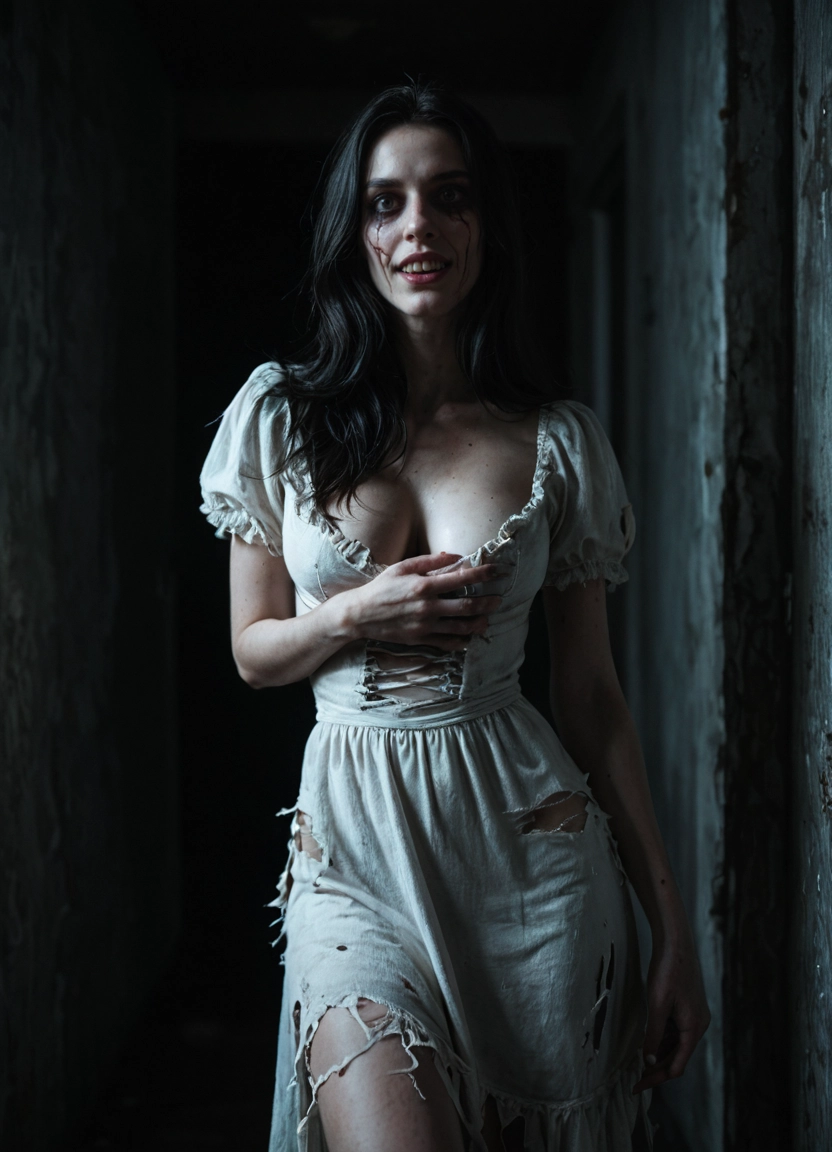 1girl, solo, breasts, black hair, torn clothes, dress
