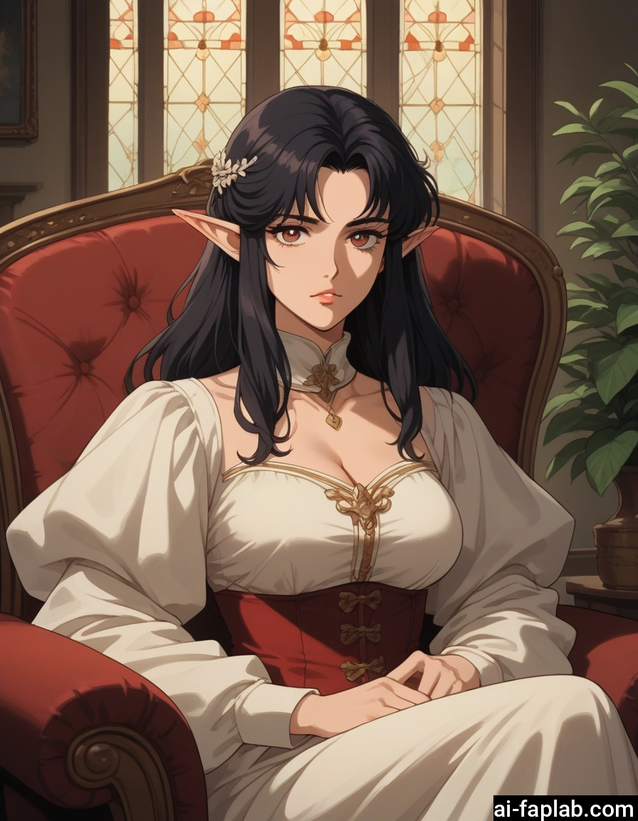 1girl, breasts, pointy ears, solo, cleavage, black hair