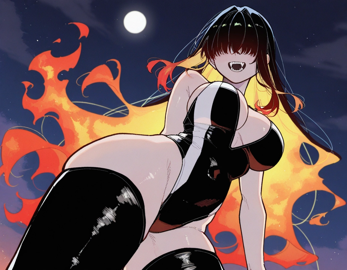 1girl, breasts, thighhighs, hair over eyes, large breasts, long hair · Yamete.gg