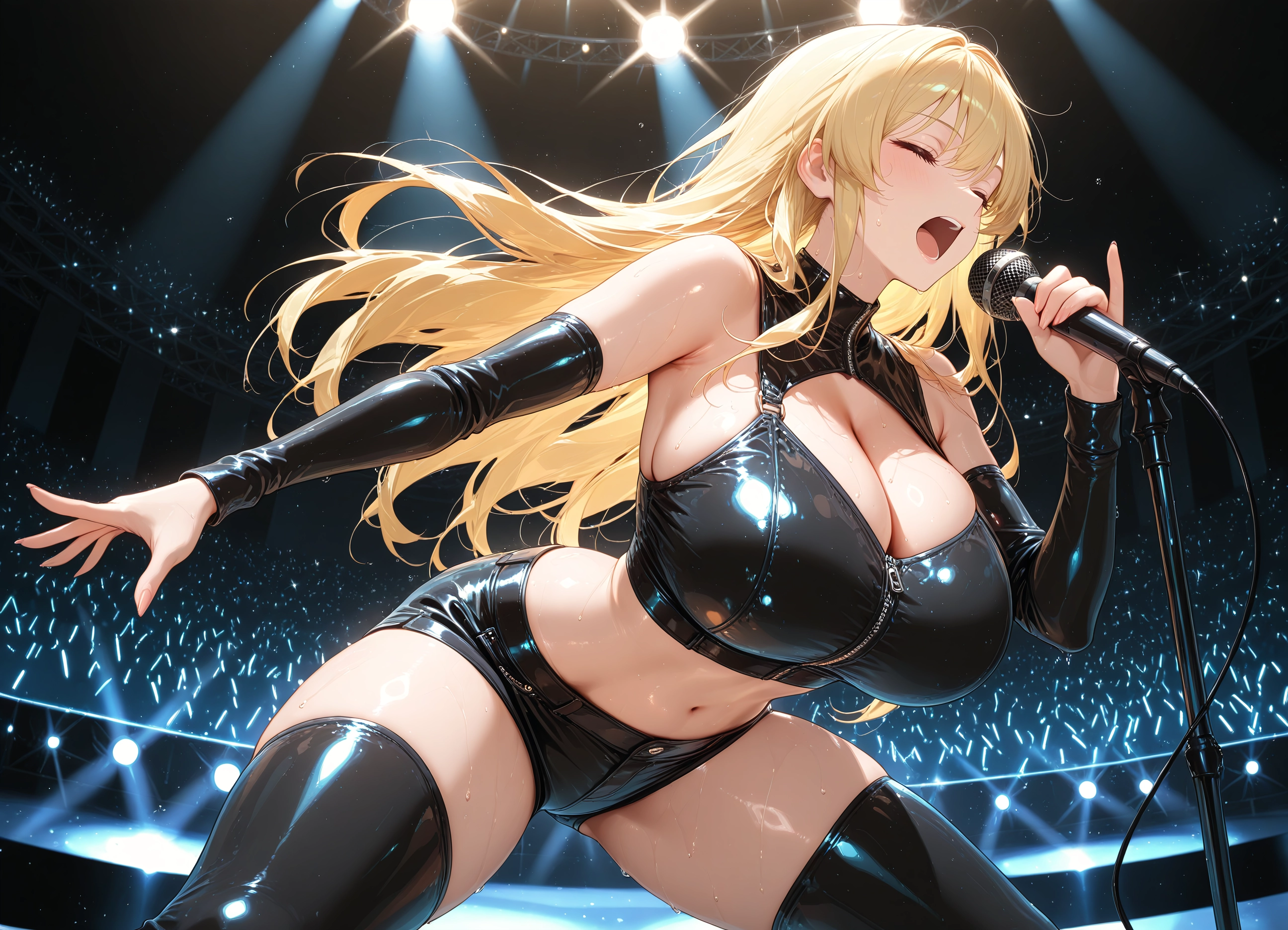 breasts, 1girl, blonde hair, long hair, thighhighs, microphone · Yamete.gg