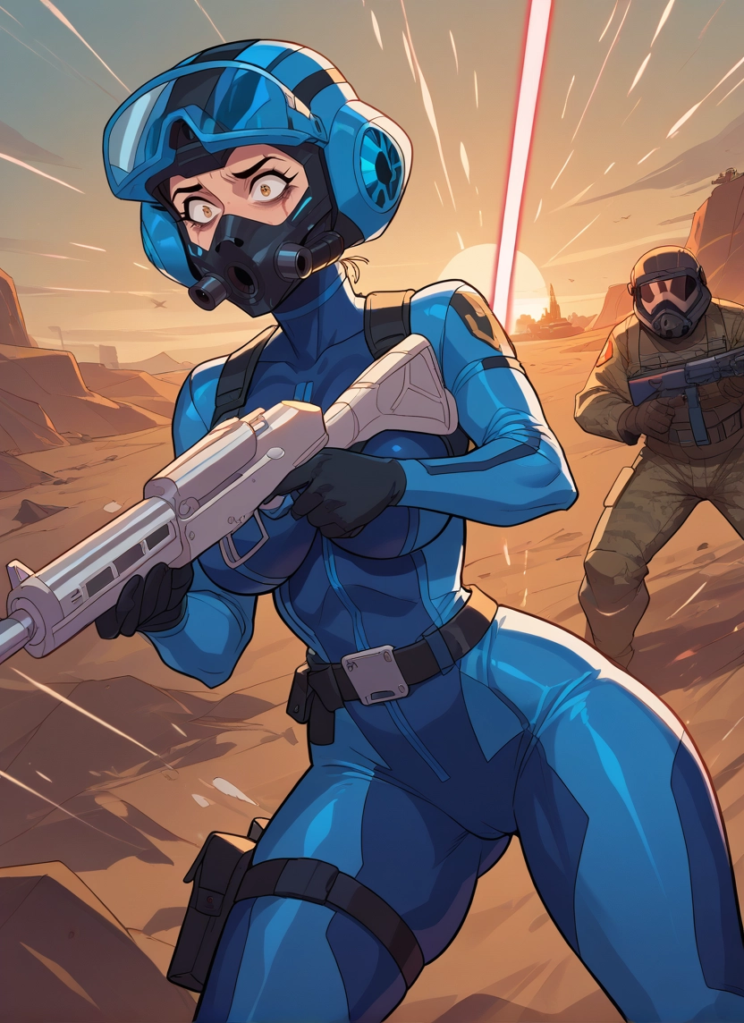 weapon, 1girl, gun, 1boy, bodysuit, breasts · Yamete.gg