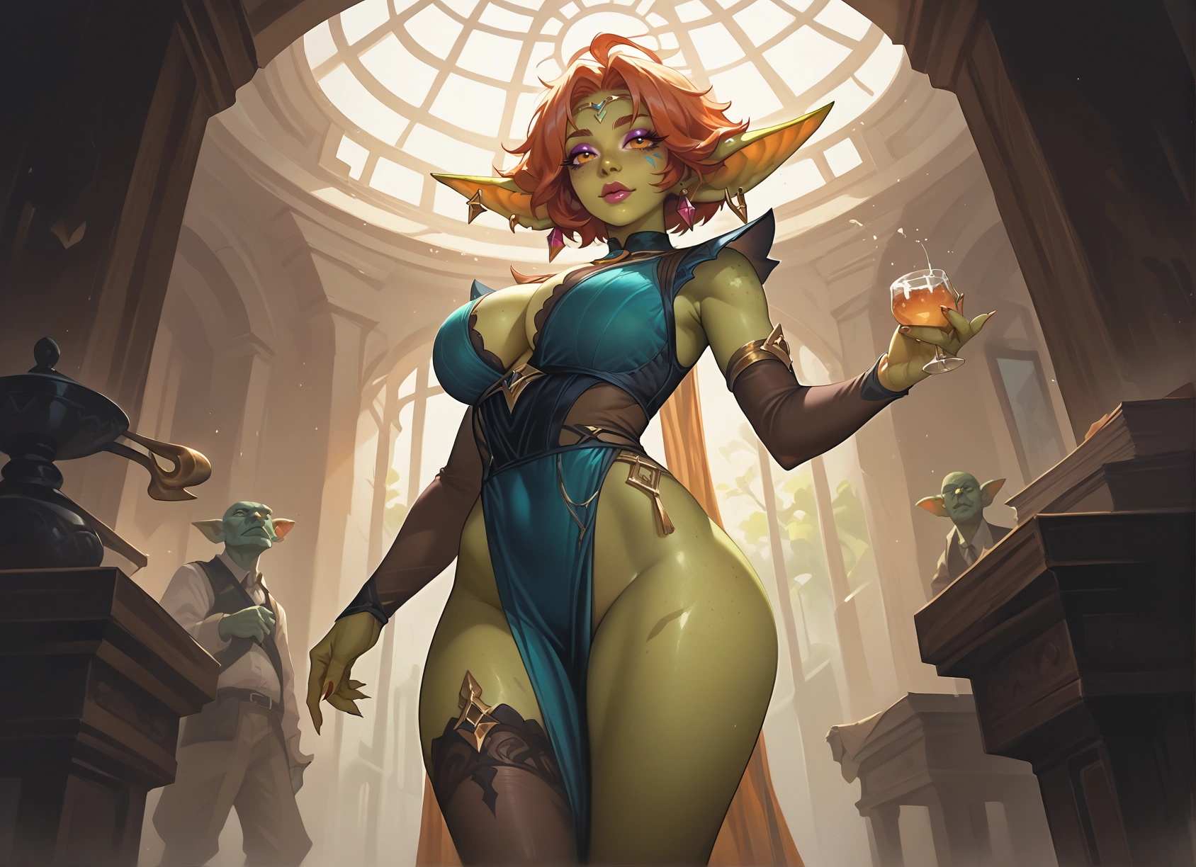 breasts, 1girl, colored skin, pointy ears, green skin, jewelry · Yamete.gg