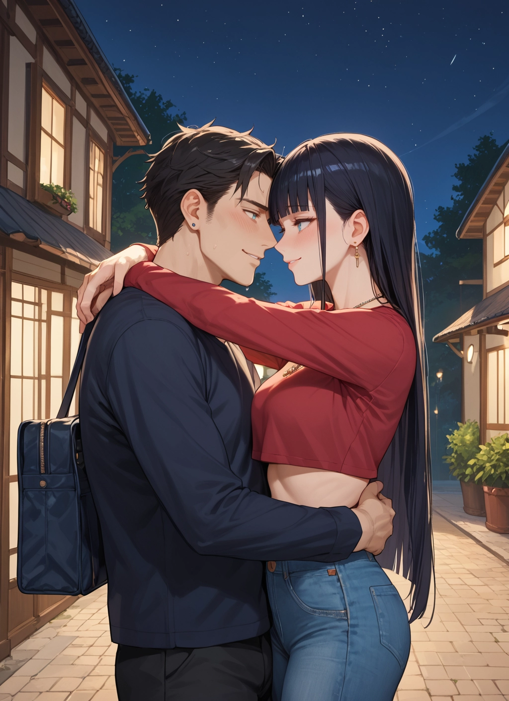 1girl, 1boy, long hair, jewelry, black hair, pants · Yamete.gg