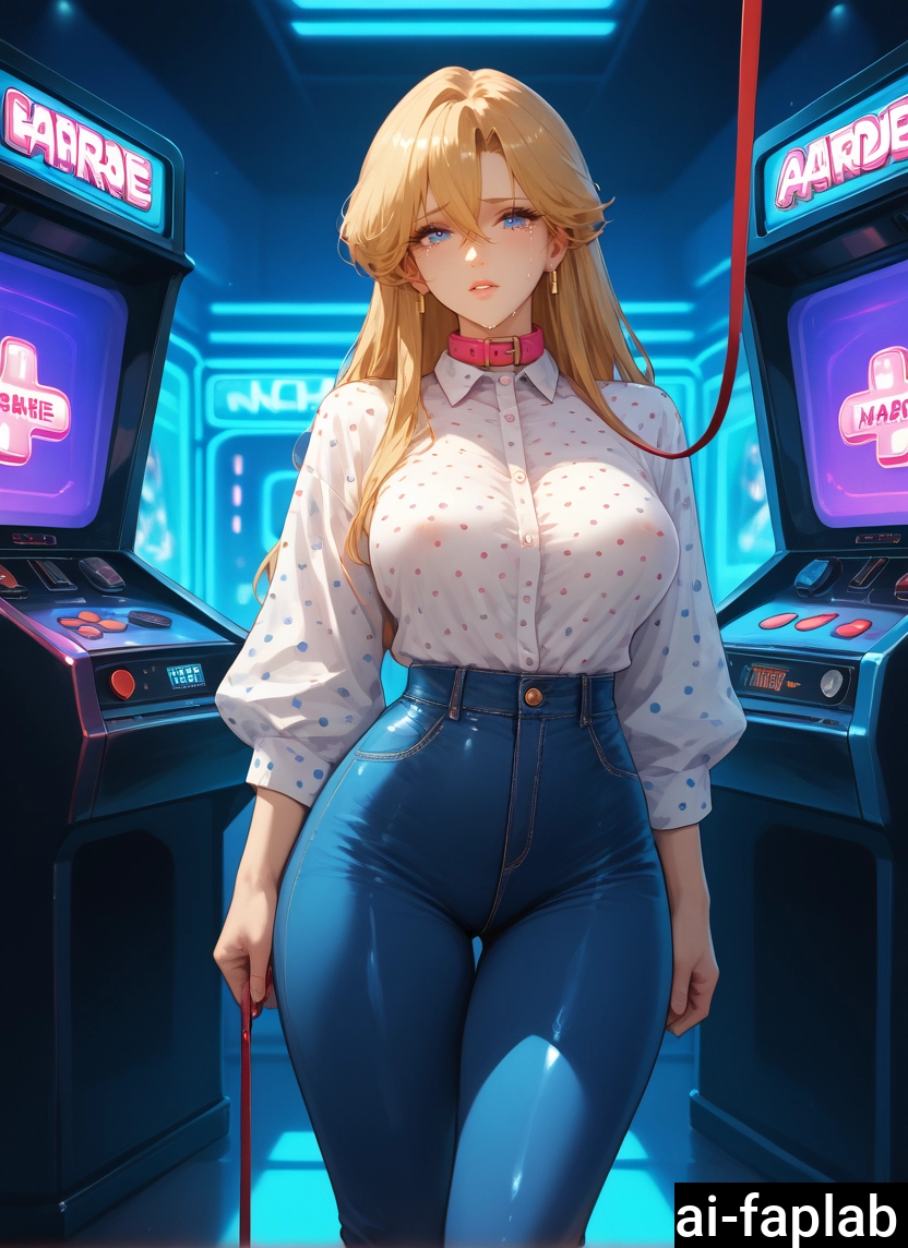 1girl, blonde hair, blue eyes, pants, breasts, collar · Yamete.gg