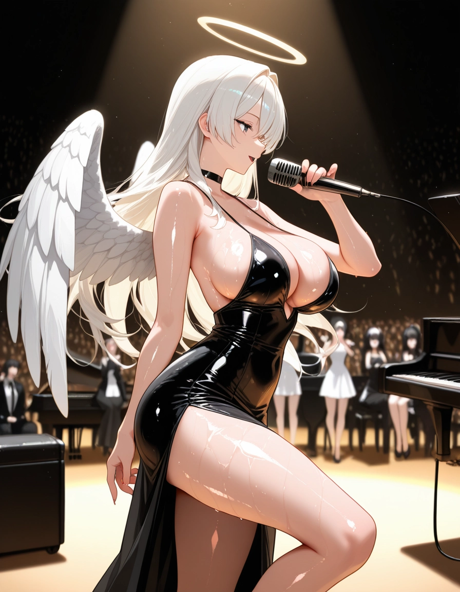 breasts, wings, halo, dress, microphone, large breasts · Yamete.gg