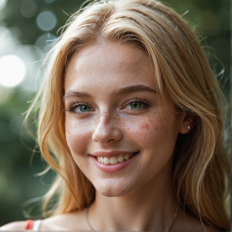 1girl, solo, blonde hair, freckles, smile, green eyes · Yamete.gg
