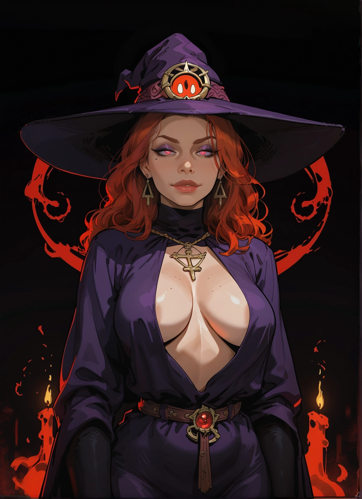 1girl, breasts, hat, witch hat, jewelry, earrings · Yamete.gg