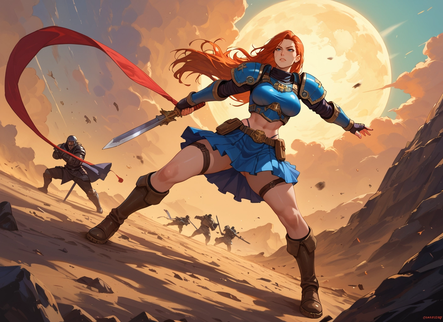 weapon, sword, skirt, armor, 1girl, long hair · Yamete.gg