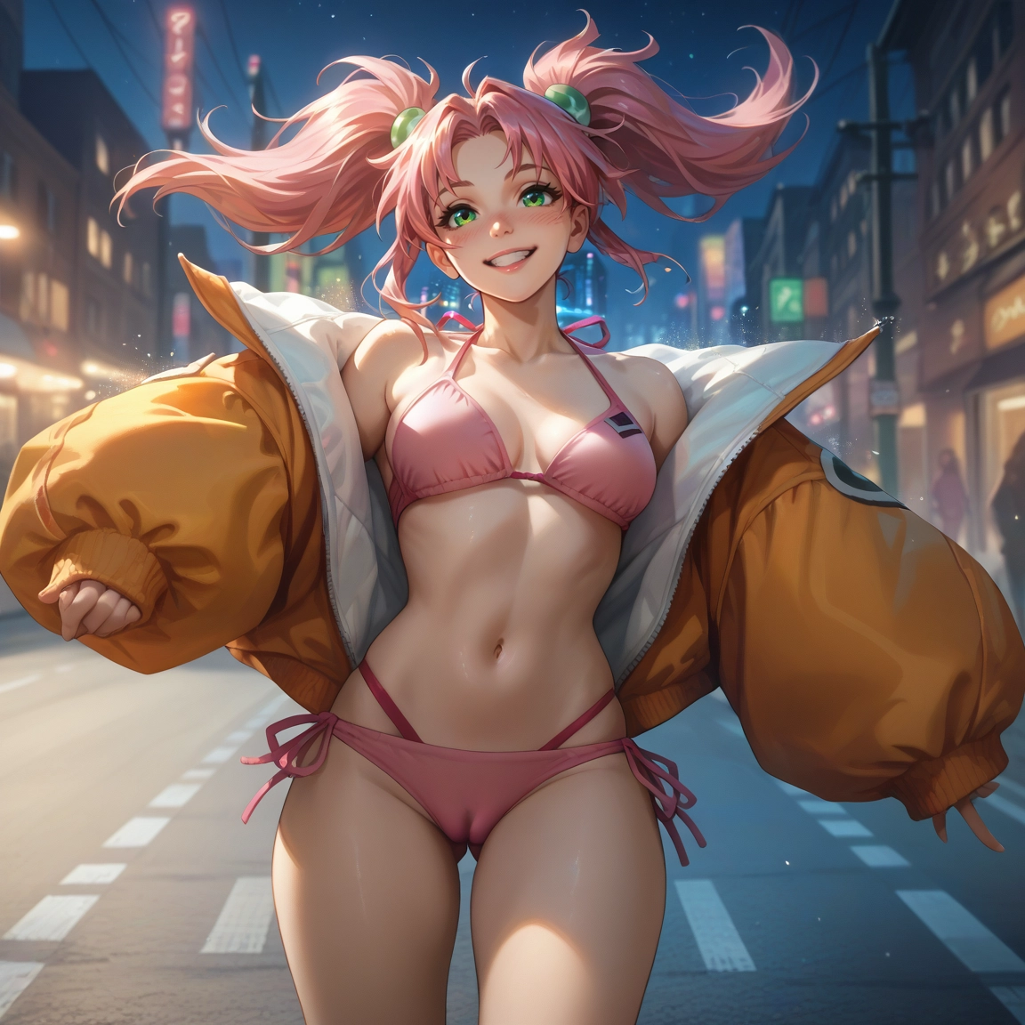 swimsuit, bikini, 1girl, pink hair, green eyes, breasts · Yamete.gg