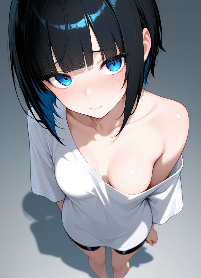 1girl, solo, breasts, shirt, blue eyes, black hair · Yamete.gg